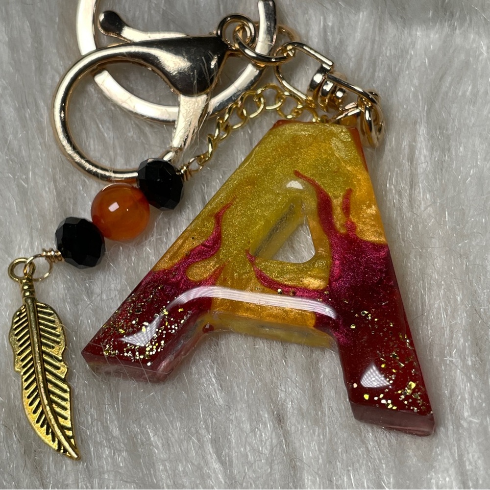 Custom Flaming Letter “A” Keychain with Carnelian Crystal And Gold Feather Charm - Picture 9 of 10